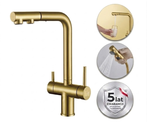 Złota bateria kuchenna trójdrożna do filtra ze stali Nett FWG-33