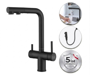 Czarna bateria kuchenna trójdrożna do filtra ze stali Nett FWB-33